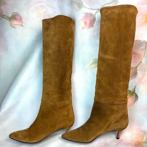 Neil J. Rodgers Camel Suede Leather Pointed Toe Knee High Pull On Heeled Boots - Picture 4 of 10